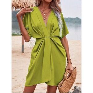 SHEIN Lime Green Twist Front Deep V Neck Mini Dress Large L 8/10 Short Sleeve